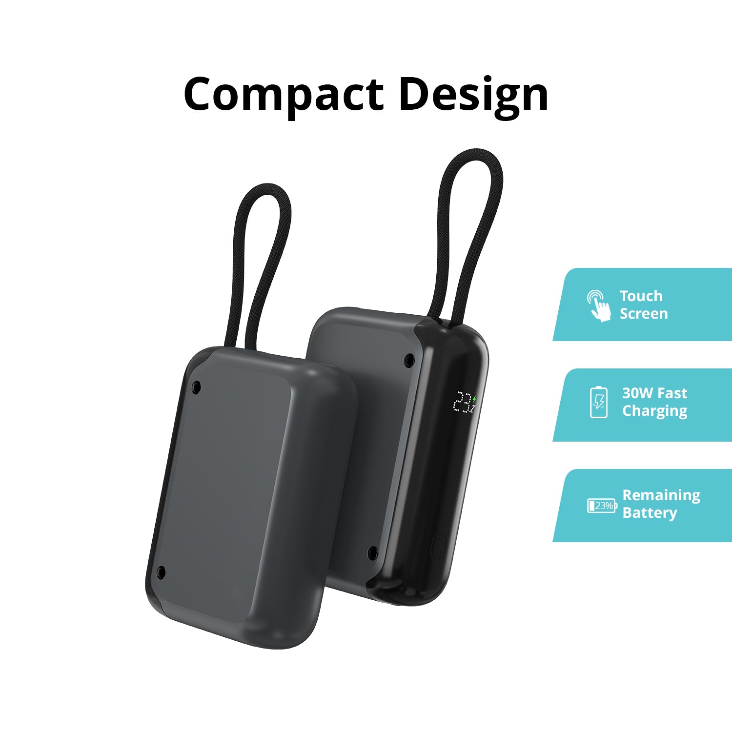 NineCarat Ultra Compact Power Bank(10K, 30 W, Built-in Cable, Gray)