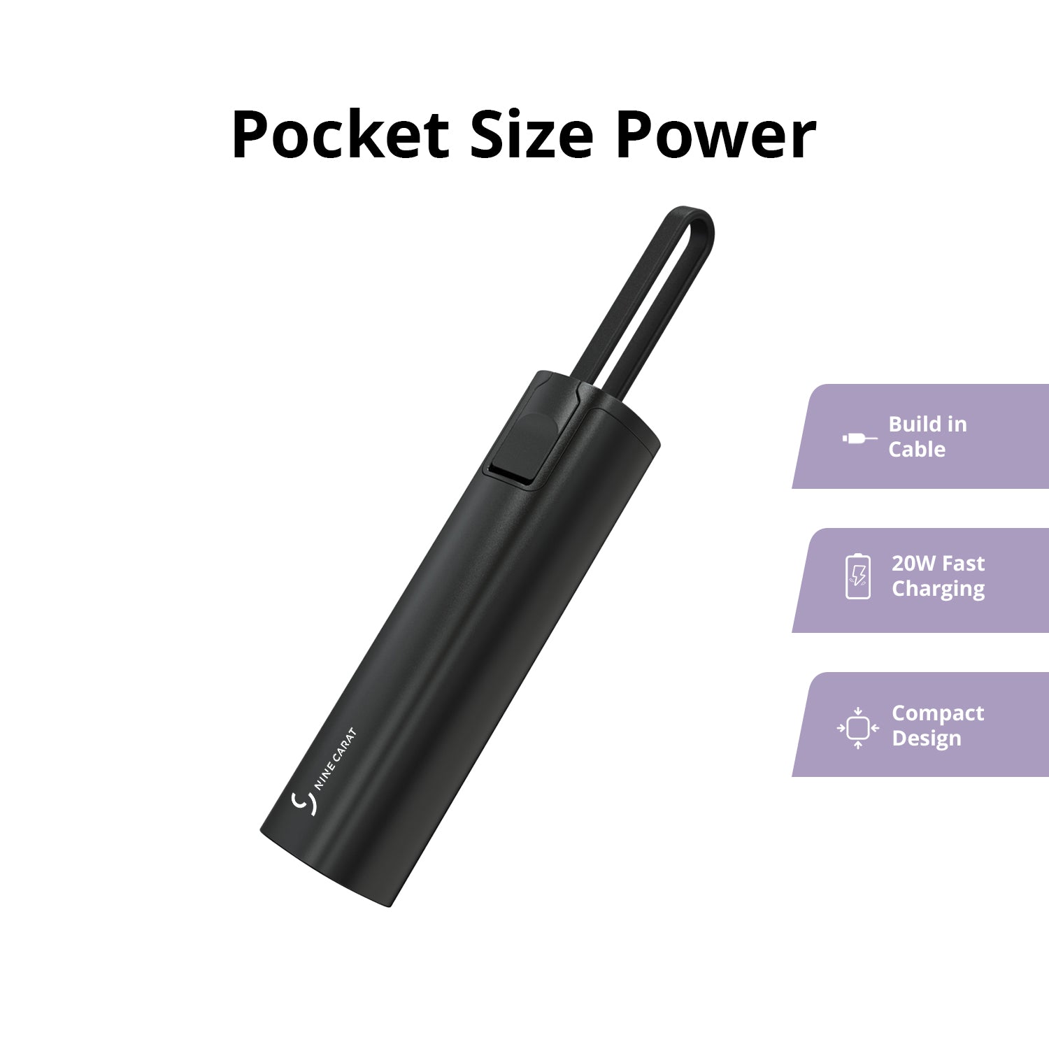 NineCarat Ultra Lightweight Power Bank (5K, Built-in Cable) Black